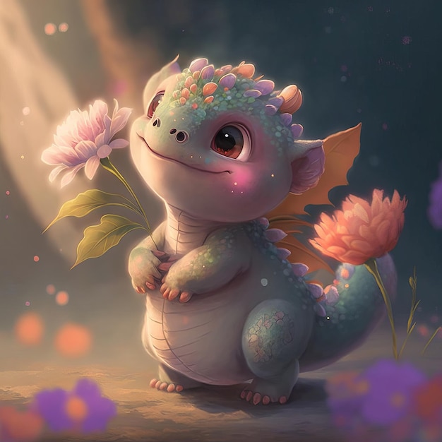 Illustration little dragon sitting with flowers children's style fairy tale Generative AI