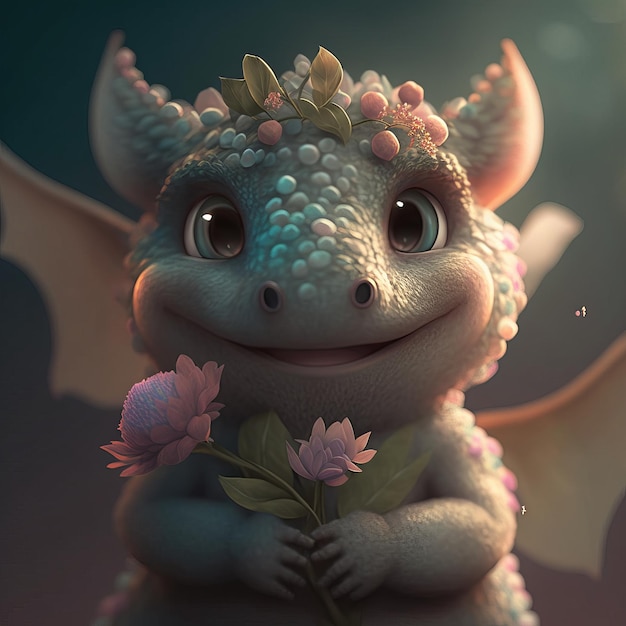 Illustration little dragon sitting with flowers children's style fairy tale Generative AI