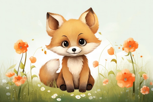 Illustration little fox with flowers childrens