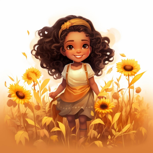 an illustration of a little girl in a field of sunflowers