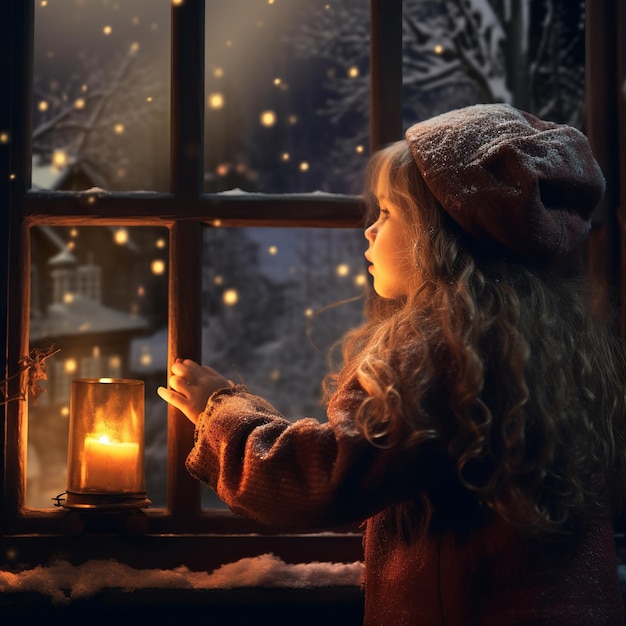 illustration of a little girl with candle looking out a window