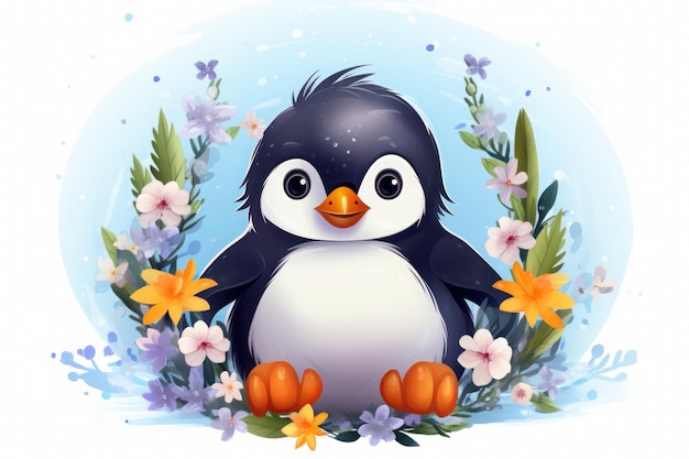 Illustration little hare penguin with flowers