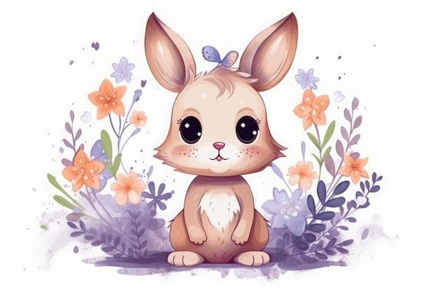 Illustration little hare sitting with flowers