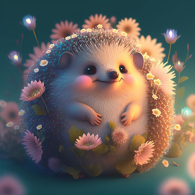 Illustration little hedgehog sitting with flowers children's style fairy tale Generative AIxA