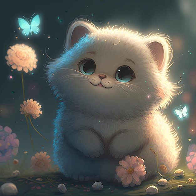 Illustration little kitten sits with flowers children's style fairy tale Generative AIxA