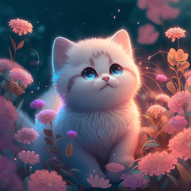 Illustration little kitten sits with flowers children's style fairy tale Generative AIxA