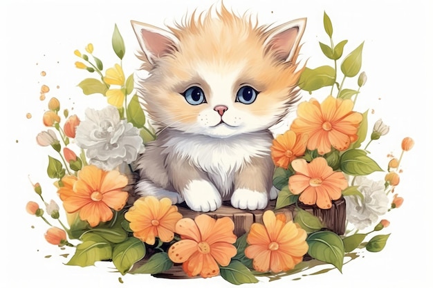 Illustration little kitten sits with flowers