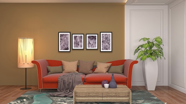 Illustration of the living room interior. 3D render