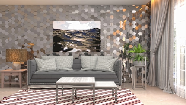 Illustration of the living room interior. 3D render