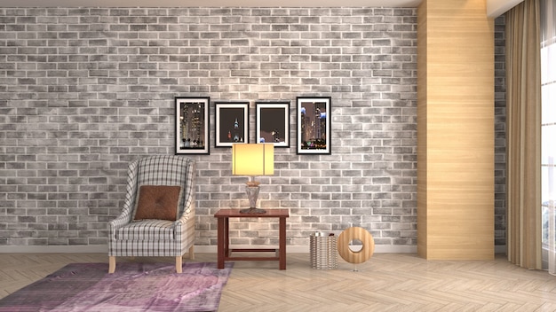 Illustration of the living room interior. 3D render