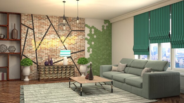 Illustration of living room interior. 3d rendering