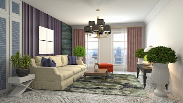 Illustration of living room interior. 3d rendering