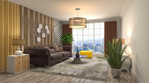 Illustration of living room interior. 3d rendering