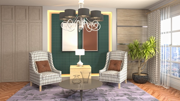 Illustration of living room interior. 3d rendering