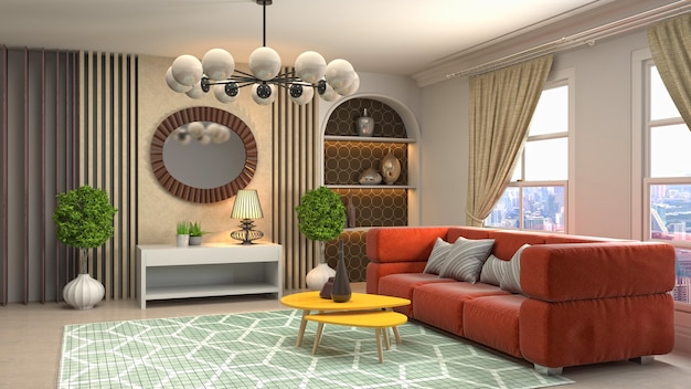 Illustration of living room interior. 3d rendering