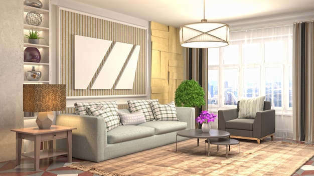 Illustration of living room interior. 3d rendering