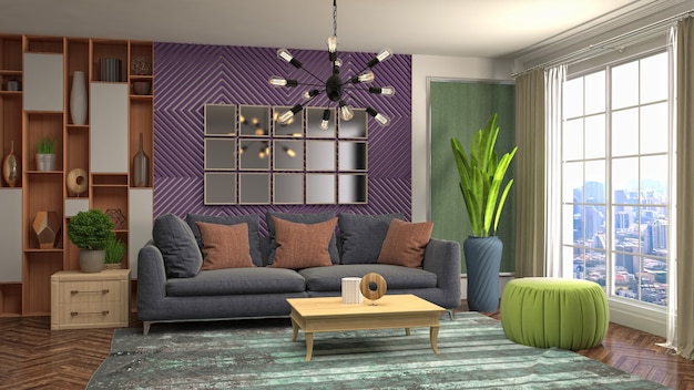 Illustration of living room interior. 3d rendering