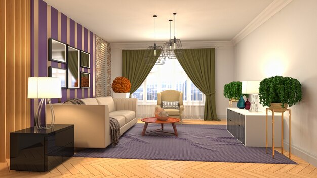 Illustration of living room interior. 3d rendering