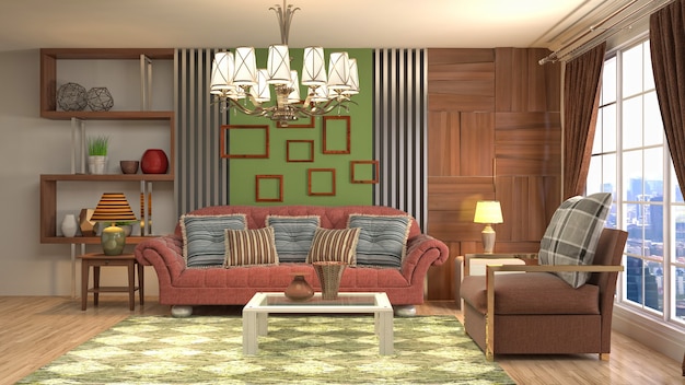 Illustration of living room interior. 3d rendering