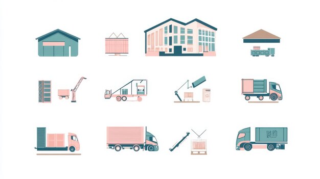 Photo illustration of logistics and transportation elements showcasing various vehicles buildings and equipment used for shipping and storage