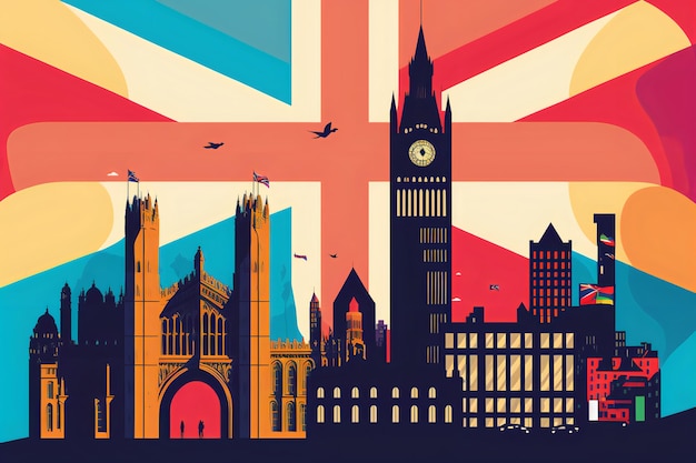 Illustration of London UK English flag in the background big ben tower