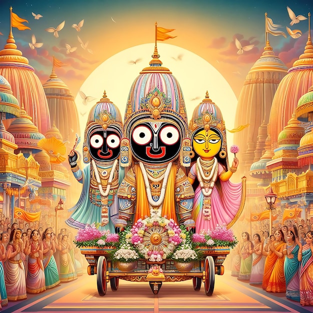 illustration of Lord Jagannath Balabhadra and Subhadra on annual Rathayatra in Odisha festival back