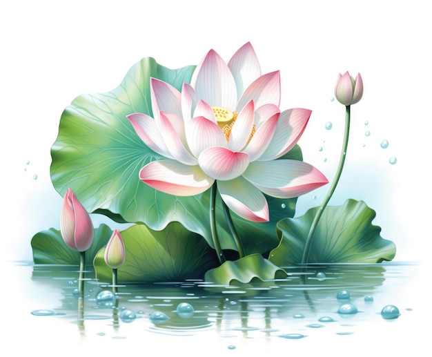 Illustration of a lotus flower image in pink and green inspired by serene and peaceful landscapes and meditation Generative AI