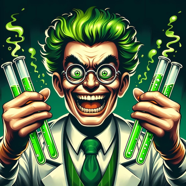 illustration of A mad scientist with green hair and eyes holds test tubes with green liquid