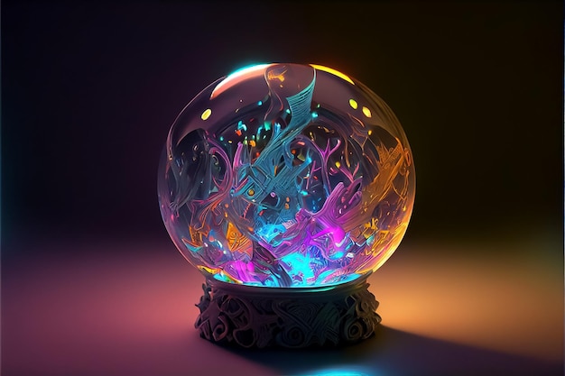 Illustration of magic ball in neon glowing in dark AI