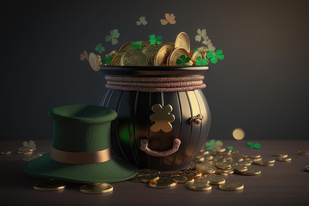 An illustration of a magic pot full of coins and a leprechaun's hat St Patrick's day concept AI Generation