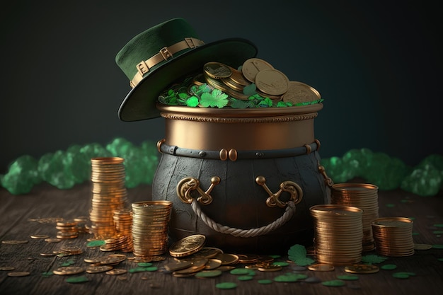 An illustration of a magic pot full of coins and a leprechaun's hat St Patrick's day concept AI Generation