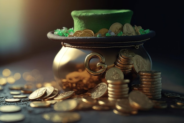 An illustration of a magic pot full of coins and a leprechaun's hat St Patrick's day concept AI Generation