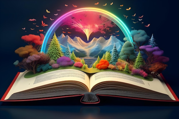 Illustration of a magical book that contains fantastic stories