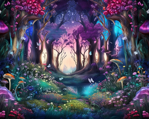 an illustration of a magical forest with mushrooms and flowers