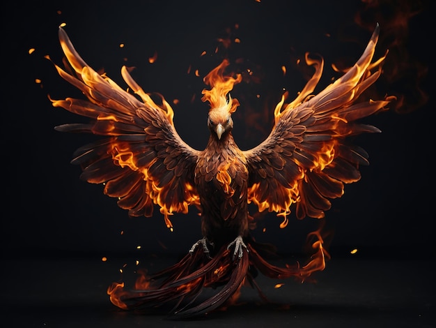 Illustration of a majestic flame phoenix with wings outstretched