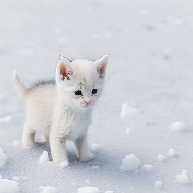 An Illustration of a Majestic and Graceful White Cat Enjoying a Serene Stroll in a Winter Wonderland, Amidst a Scenic Snowy Landscape Depicting the Calm and Beauty of Nature in Winter. created with Ge