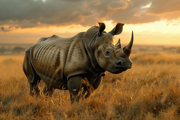 Illustration of majestic rhinoceros standing tall against the backdrop of an african sunset its po