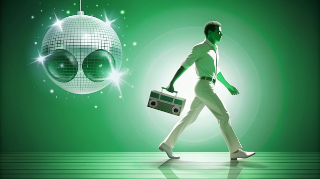 Photo illustration of male dude walking dancer hold boom box player retro chill have disco ball on head silhouette painted white color green background