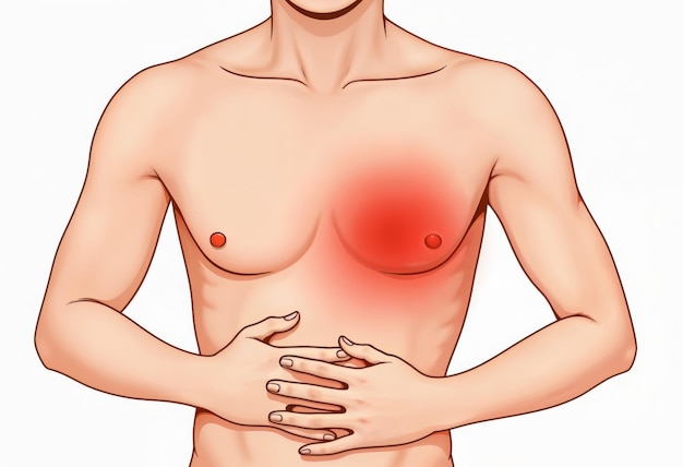 Photo illustration of a male figure indicating chest pain for medical and educational purposes