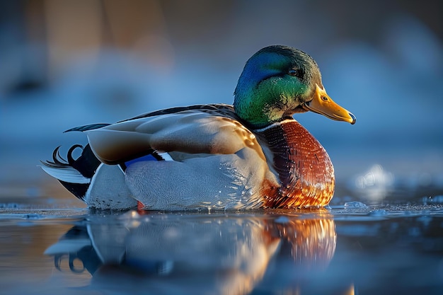 Illustration of mallard duck with a green head and white body sitting on the water surface its refl