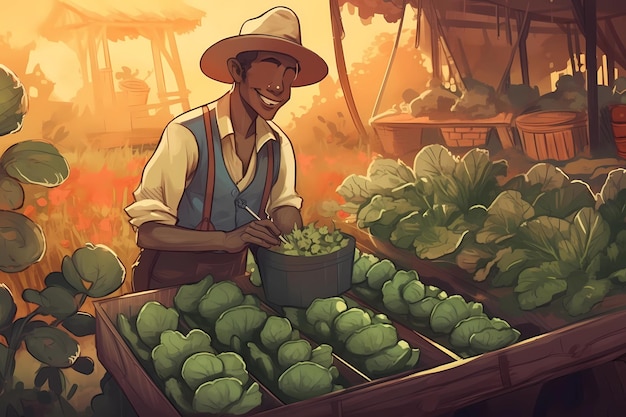 An illustration of a man cultivating an organic farm Generative AI