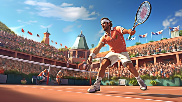 Illustration man playing tennis in tennis court generative ai