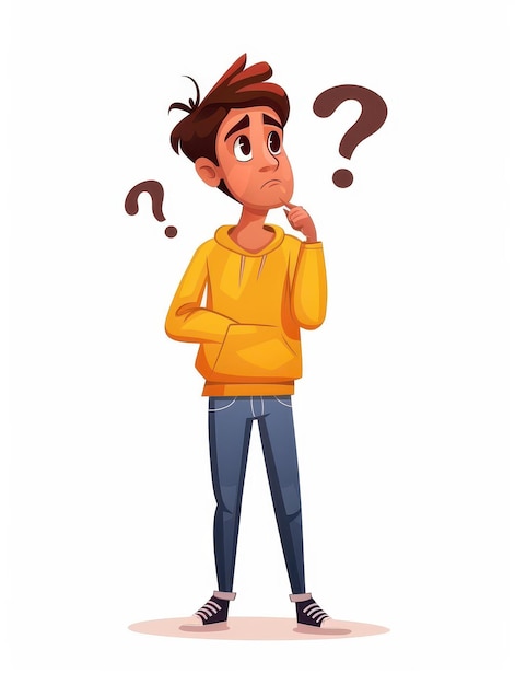 Illustration of a man pondering and seeking answers to questions in a thoughtful manner