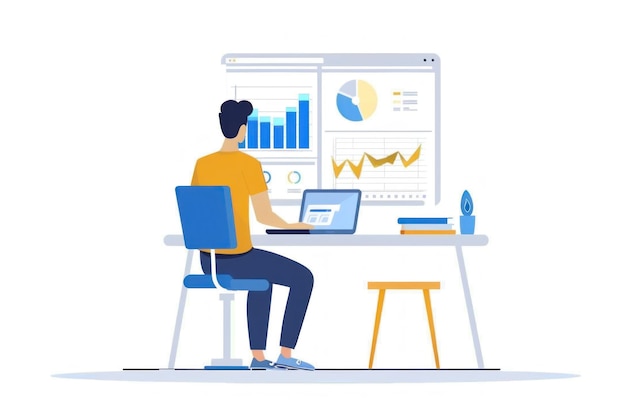 illustration of a man sitting in front of a laptop with charts wall startup idea technology