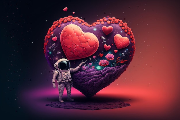 An illustration of a man in a spacesuit pointing at a heart shaped cloud with the words love on it.