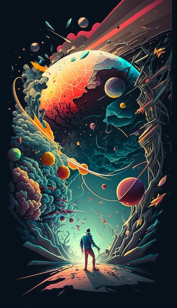 An illustration of man standing in front of an alien planet Generative AI