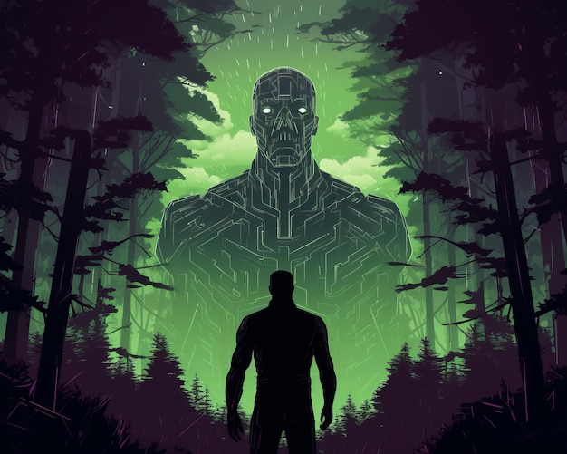 an illustration of a man standing in front of a green forest