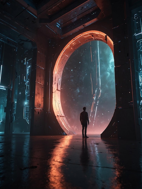 Photo illustration of a man standing in a futuristic space with a giant portal generative ai