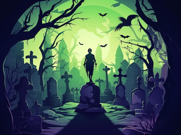 illustration of a man standing in a graveyard with bats flying overhead generative ai