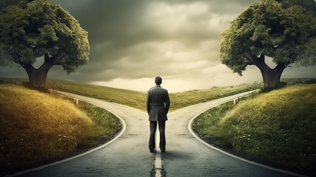 Illustration of a man standing in the middle of a two roads deciding for best chance